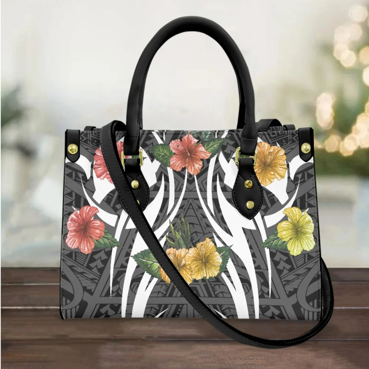 Polynesian Hibiscus Flower Long Shoulder Strap Tote Bags Tribal Style Top Handle PU Leather Messenger Bag Trend Small Clutch