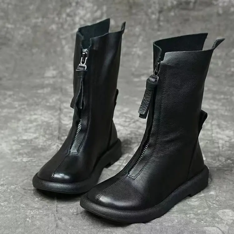 Bottes Vintage mi-mollet avec fermeture éclair sur le devant pour femme, chaussures à fond souple, polyvalentes, semelle épaisse, antidérapantes, plates de marche à l'extérieur, automne hiver