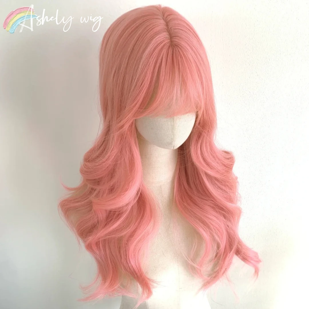 

Ashely Rose Pink Wig with Bangs 24inch Body Wavy Hair Wig for Women Honey Brown Lolita Synthetic Wigs High Temperature Fibers