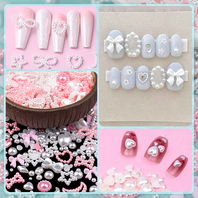 100Pcs Mixed Pink White Resin Hollow Pearl 3D Nail Charm Acrylic Love Heart Bowknot Pentagram Nail Accessories For Manicure Deco