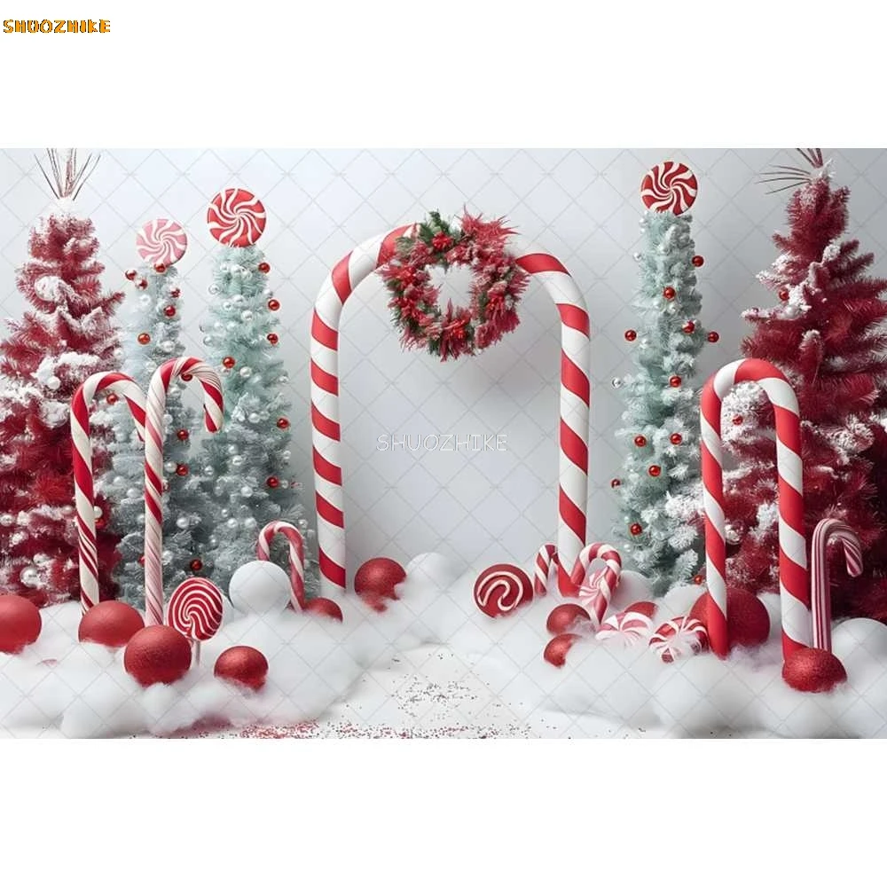 Christmas Candy Cane Background Photography Red Xmas Tree Decor Balls Snowy Wonderland Backdrop Winter Kid Birthday Photo Studio