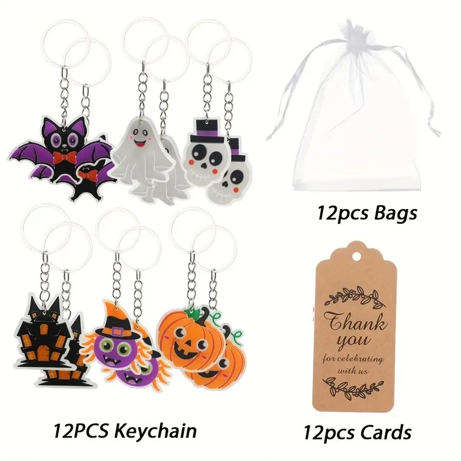 1/5/10/20/50/100pcs Halloween Glow-in-the-Dark Keychain Set with Organza Bags and Brown Paper Thank-You Cards - Halloween Party