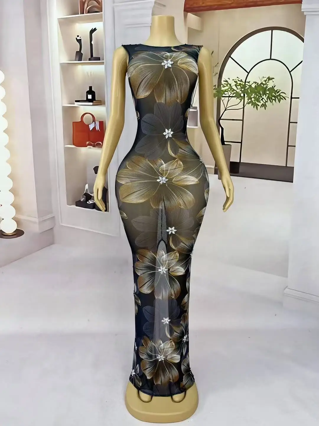 Kobiety nowoczesna stylowa suknia wieczorowa kwiatowe wzory dżetów seksowna przezroczysta sukienka z siateczki impreza koktajlowa kostium do sesji zdjęciowej