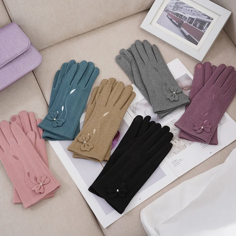 

Winter Fashion Bow Embroidery Women Gloves Female Plus Velvet Thick Hand Warmer Touch Screen Grace Lady Driving Mittens G218