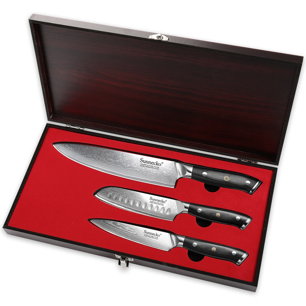

SUNNECKO Kitchen Chef Knife Set Damascus Steel V10 Sharp Japanese Style Gyuto Santoku Utility Knife Cooking Tools Wooden Box