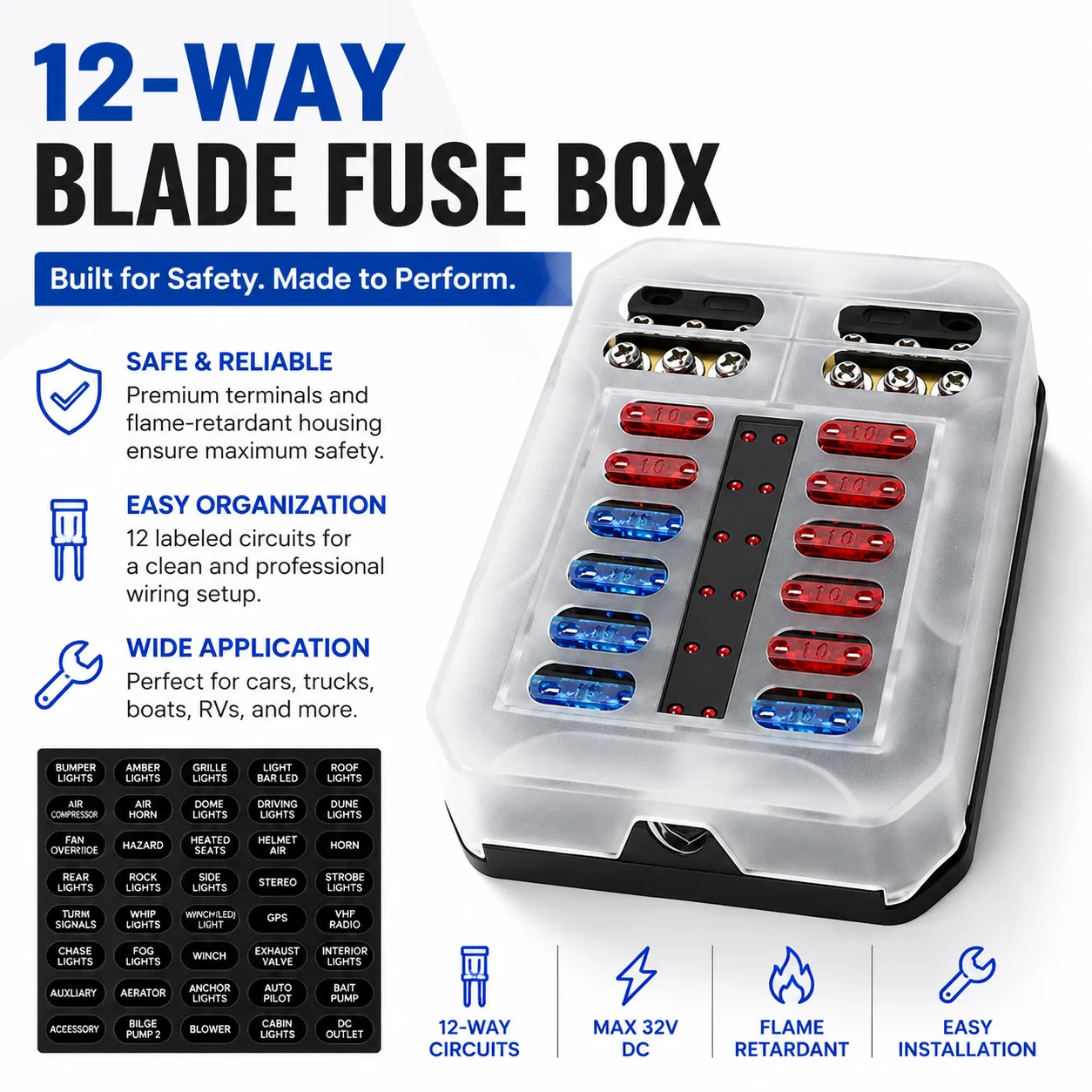 12V-32V 6/12 Ways Fuse Box With Blade Fuse Holder Block LED Warning Indicator for Power Panel Board Camper RV Car Accessories