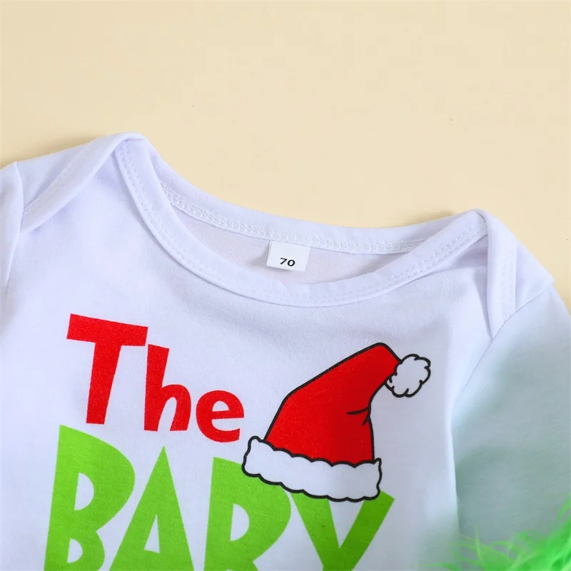 2023-07-20 Lioraitiin 0-24M Newborn Baby Girls Boy Fall Outfits Letter Print Rompers Green Fur Vests Pants Christmas Clothes Set