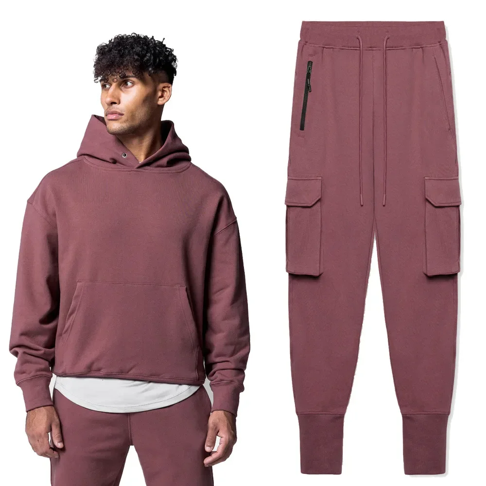 

Men Two Piece Pant Set Hooded Sweatshirts Mens Long Sleeve Thick Pullovers Drawstring Trousers Pockets Winter Autumn Tracksuit