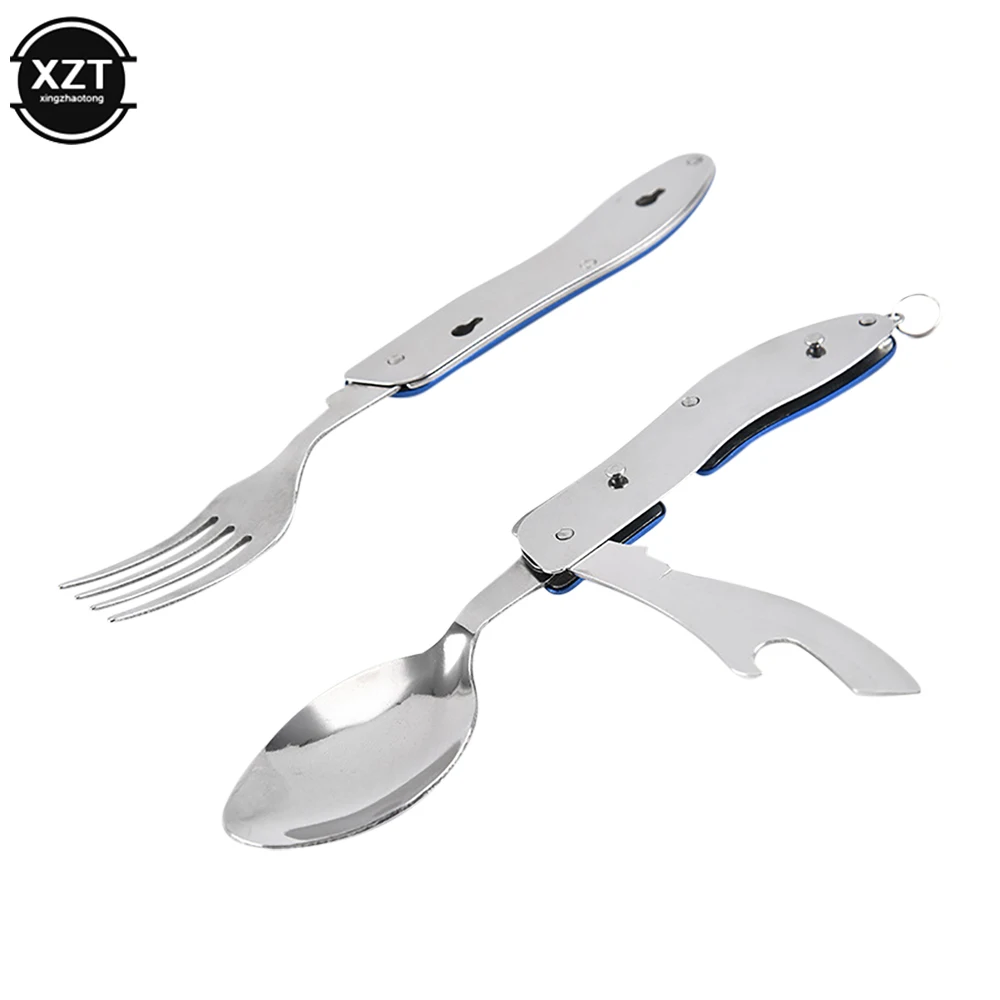 Stainless Steel 3-In-1 Foldable Tablespoon Set Spoon Knife Fork Bottle Opener Folding Pocket Kits Outdoor Tableware Set