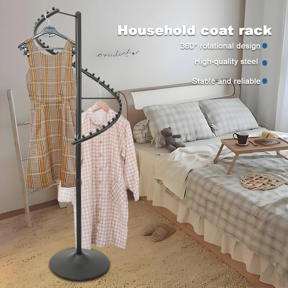 Freistehender Wäscheständer mit Spiraldrehfunktion, Kleiderständer aus Kohlenstoffstahl, Kleiderpräsentationsständer für Schlafzimmer – Detail 10