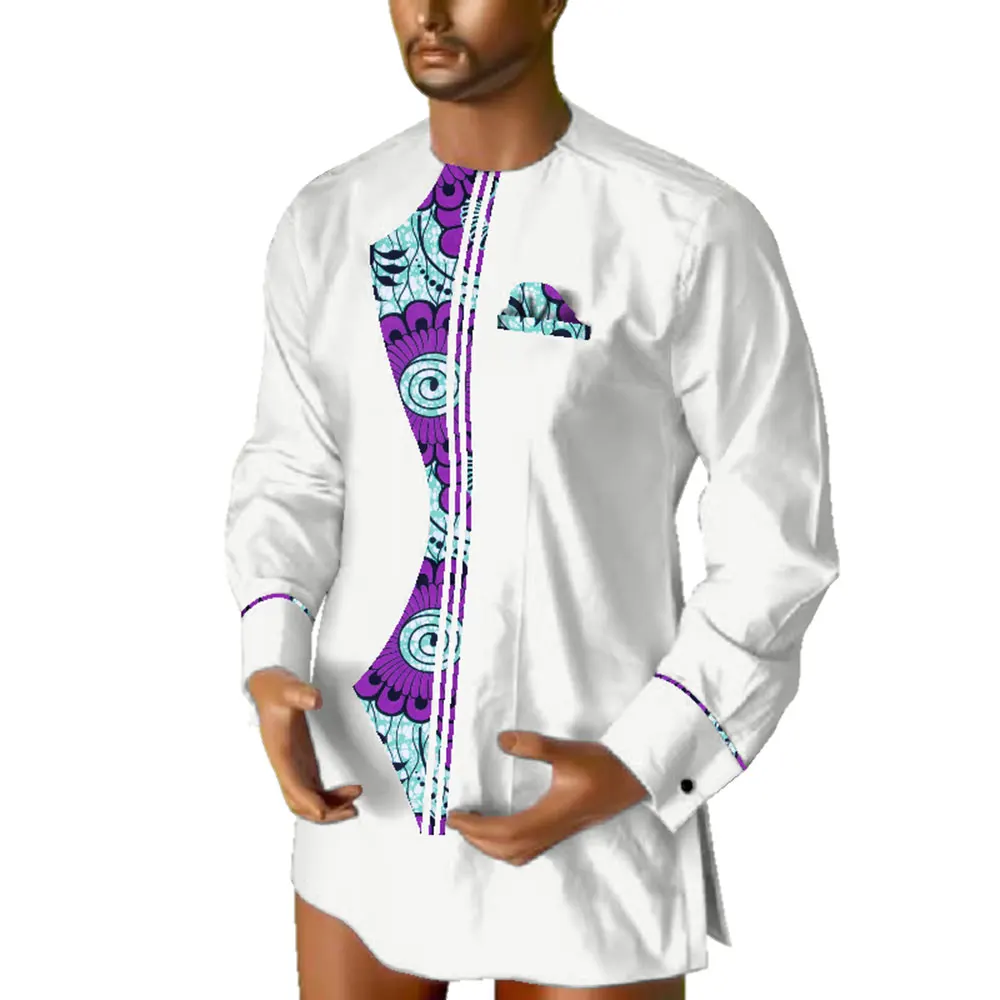 

African Shirt Dashiki Men Long Sleeve Collarless Shirt Tops Casual African Print Shirt Causal Party Office Shits Wax WYN689
