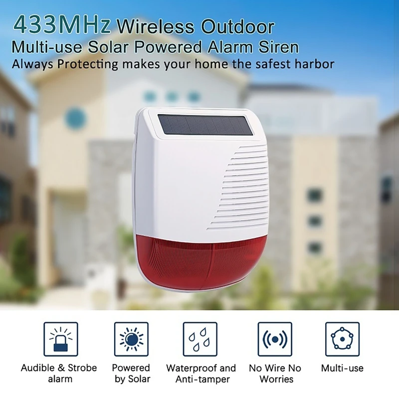 433MHz Wireless Outdoor Solar Siren 120m Wireless Transmission Distance ≥110dB Volume Alarm Sirens 180 Days Standby Time
