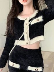 Winter Fluffy Knit 2 Piece Set Women Patchwork French Vintage Mini Skirt Suit Female Korean Fashion Elegant Office Lady Set 2024