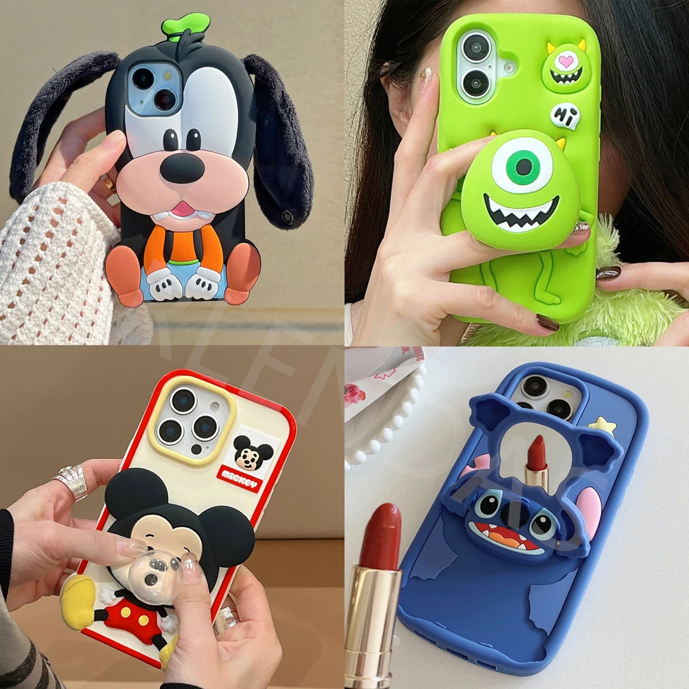 Cute 3D Cartoon Phone Case For iPhone 16 15 13 14 12 Pro Max 11 16plus Lovely Soft Silicone Back Cover Goofy Mickey Stitch