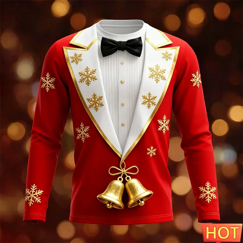 Men Christmas Fake Suit Bow Tie Golden Bells Graphic Long Sleeve T-shirt 3D Print Polyester Fiber Xmas Party Tops