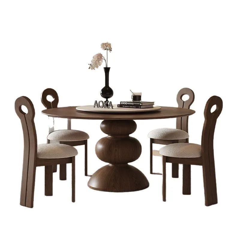 

Retro style solid wood round table household round walnut dining table French round dining table and chair combination