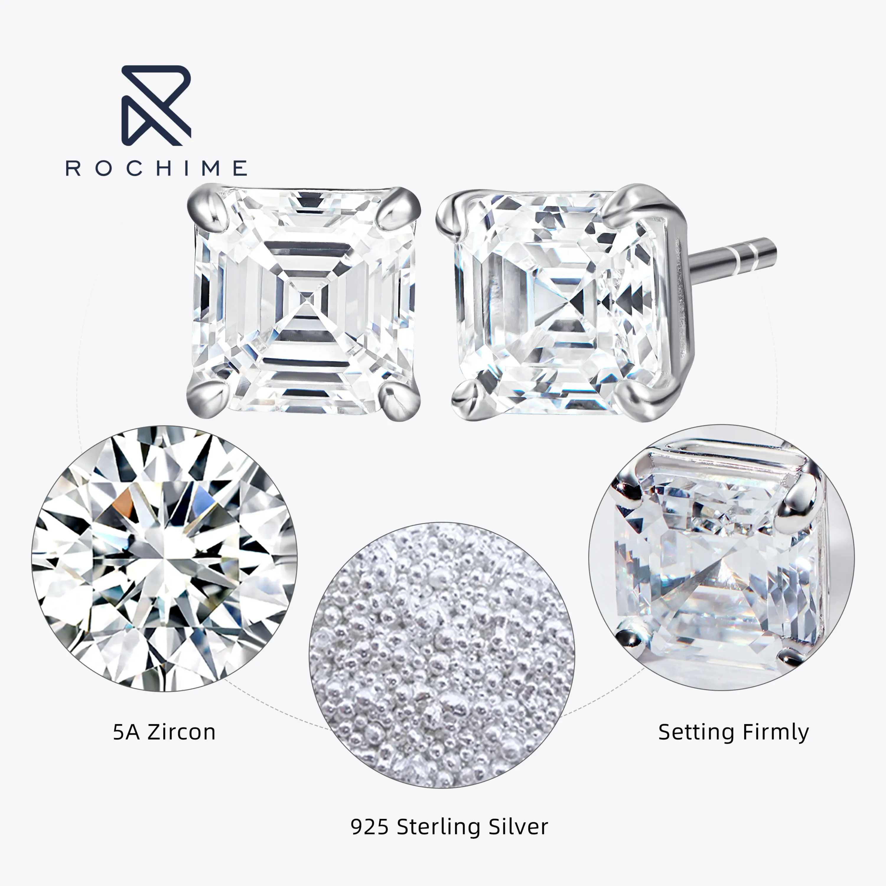 Rochime-Boucles d'oreilles en diamant taille Asscher pour femme, argent regardé 925, plaqué or, bijoux fantaisie