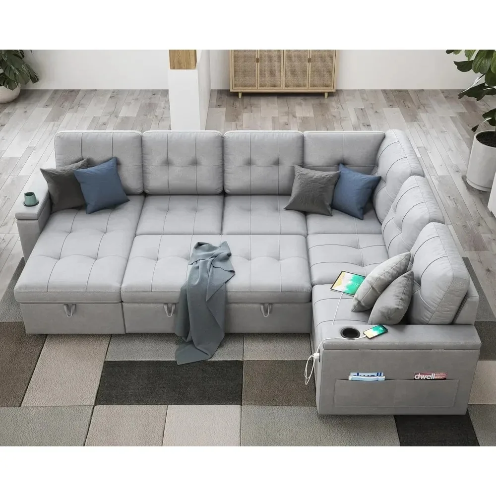 110 Inch Sofa Bed Sleeper Couch Bed with 2 USB & Cup Holders Oversized U Shaped Pull Out Couch