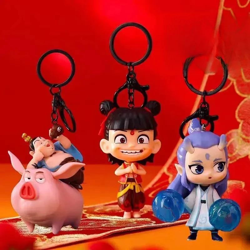 Nezha Keychain Anime Cartoon Cute Ao Bing Backpack Pendant Fashion Car Key Ring Children Toys Small Ornament Holiday Gifts