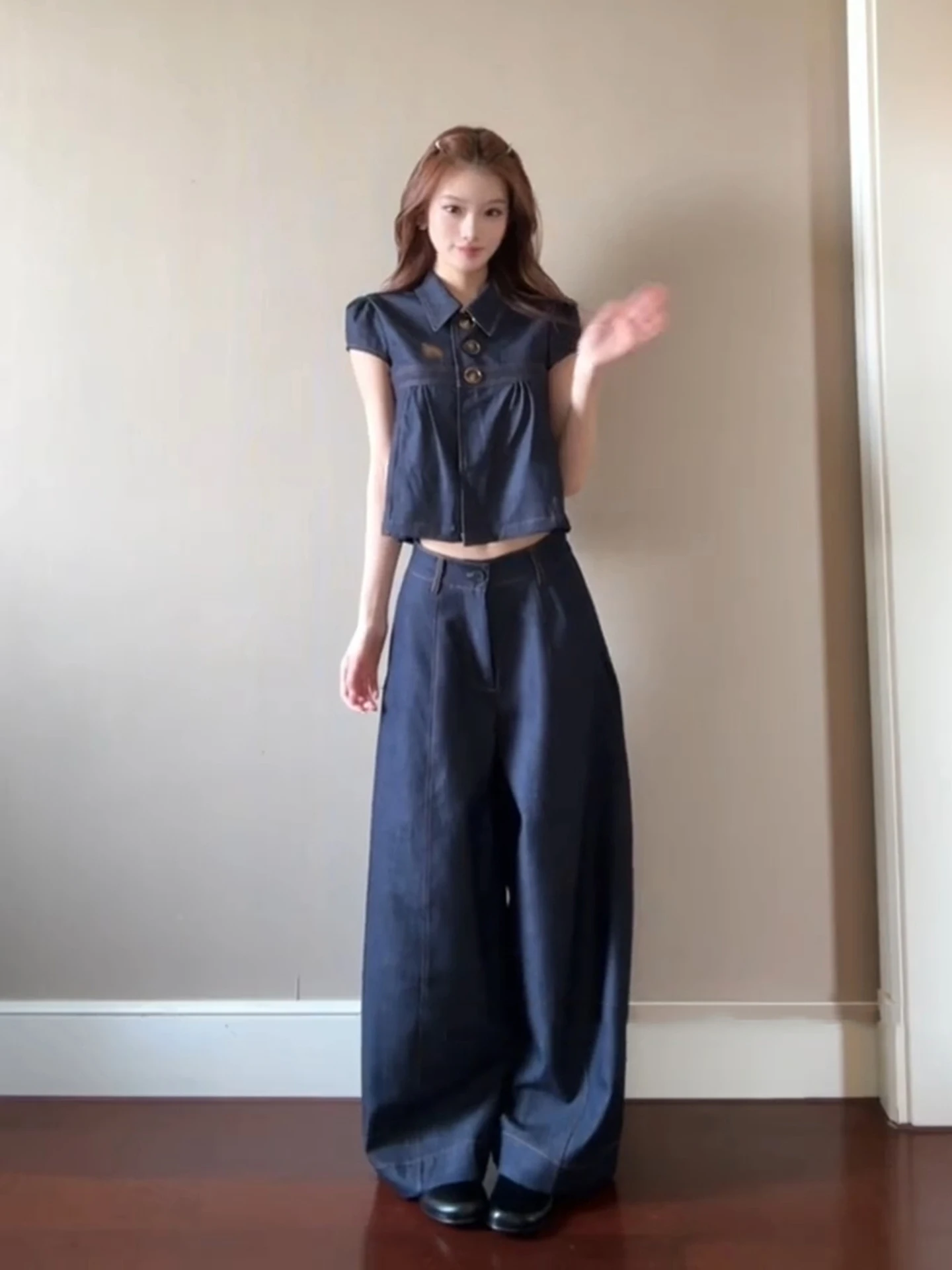 Korean Style Commute Versatile Set Turn-down Collar Shirt Top Wide-leg Pants Women's 2026 Summer Fashion One Whole Set
