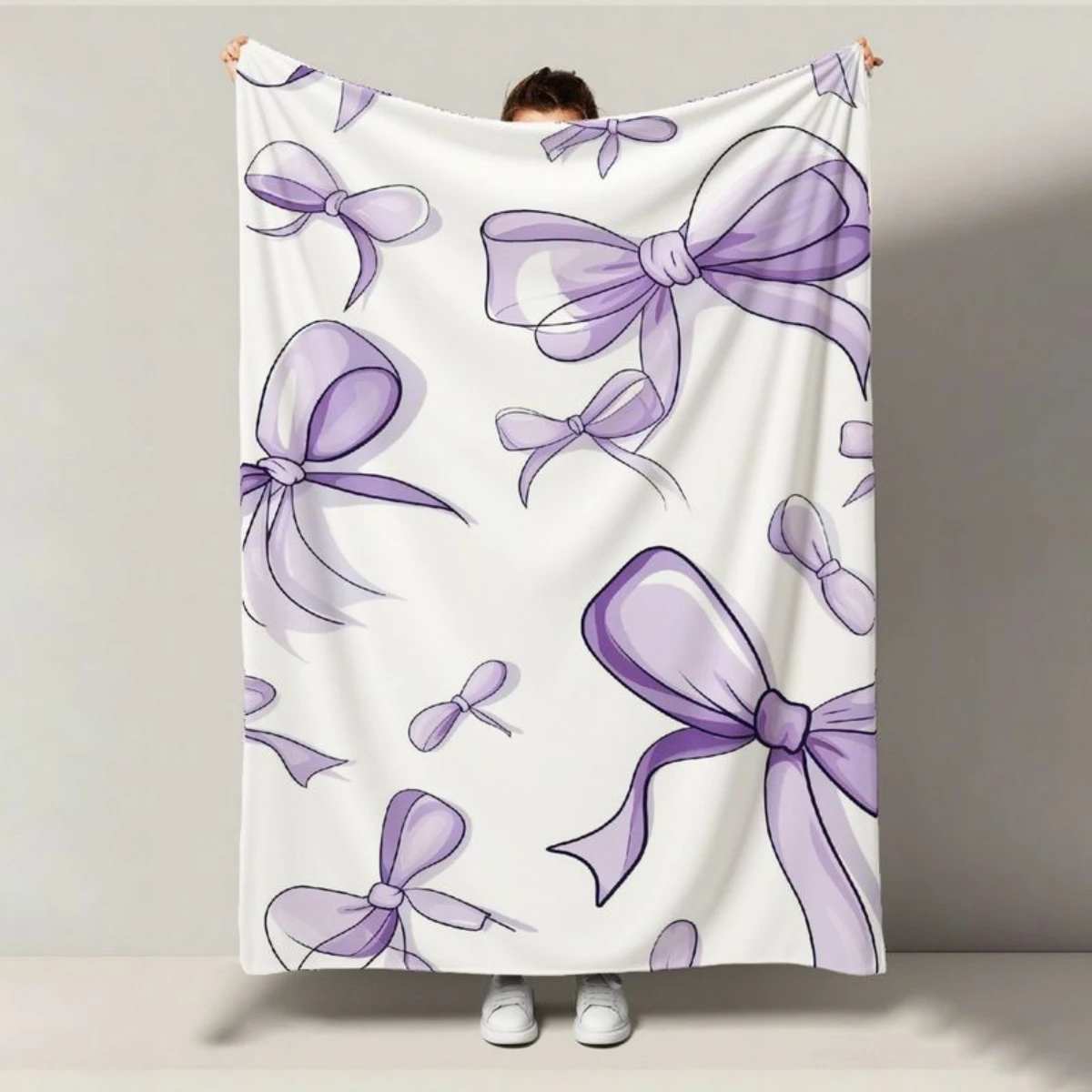 Selimut Flanel Pola Busur Ungu - Tempat Tidur, Sofa, Kantor, Perjalanan, Hadiah, Dekorasi, Nyaman dan Hangat, Natal