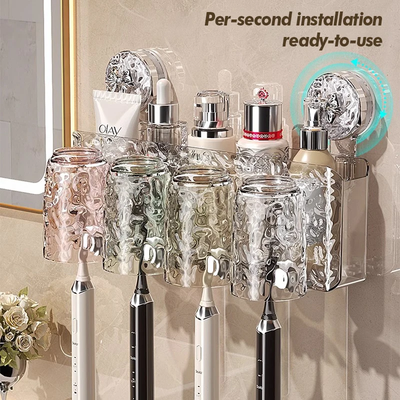 Bathroom Toothbrush Storage Rack Wall Mounted Non Perforated Suction Cup Wash Cup Set Bathroom Storage