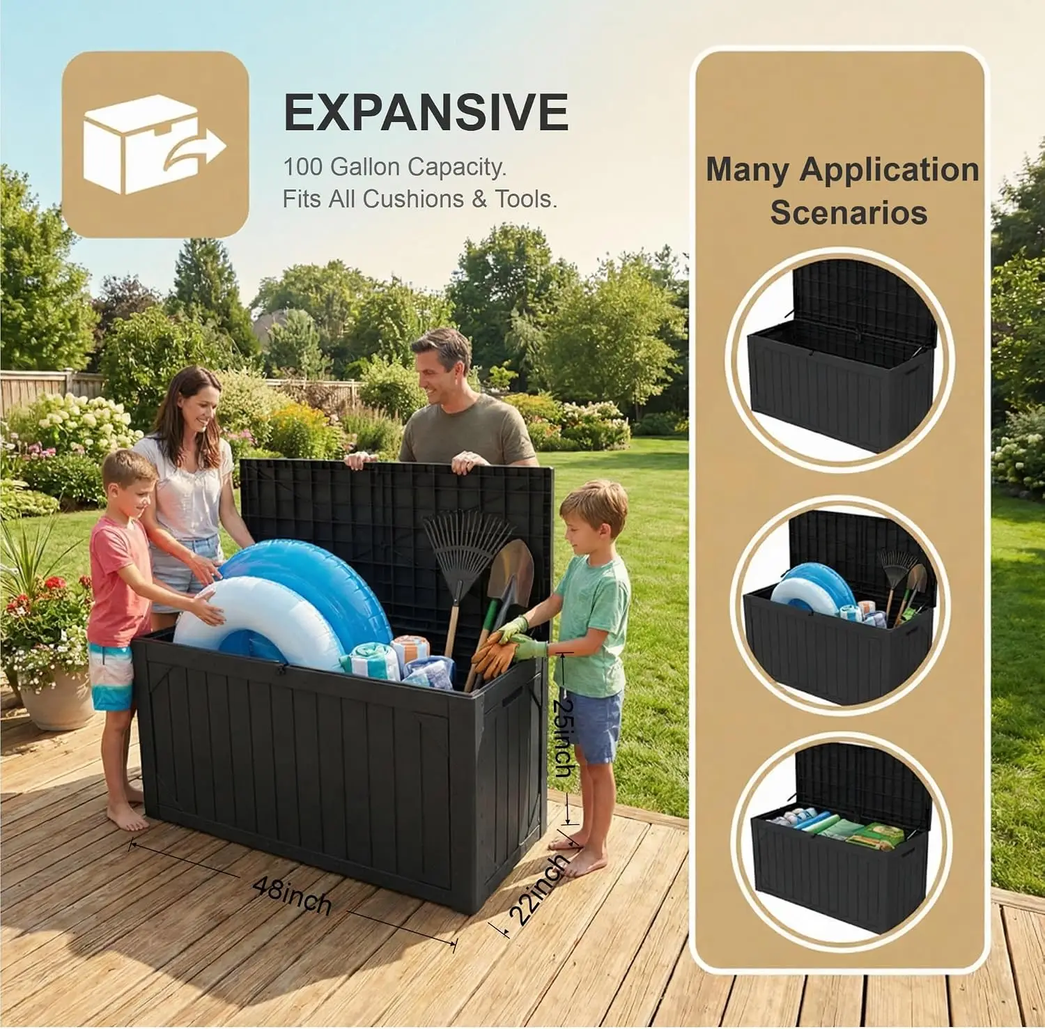 Outdoor Storage Bench 100 Gallon, Waterproof Resin Deck Box with Lock, UV-Resistant Resin, Patio Furniture and Garden Tool Organizer, 400 lb Capacity, Easy Assembly, Black, 1 Pack