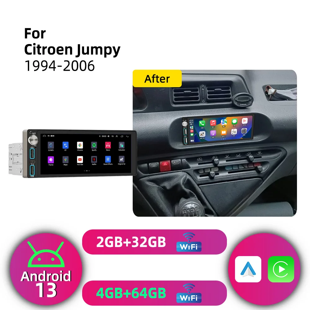 Android 1 Din Car Stereo for Citroen Jumpy 1994-2006 Wireless CarPlay GPS Navigation Multimedia Autoradio Radio Head Unit