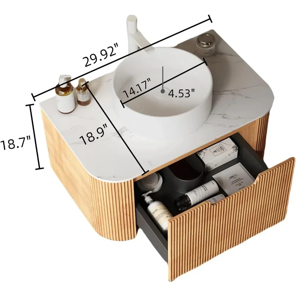 24-Inch Modern Bathroom Vanity with Sink, Floating Cabinet with Ultra-Thin Ceramic Basin and Marble Top, Extra Large Storage