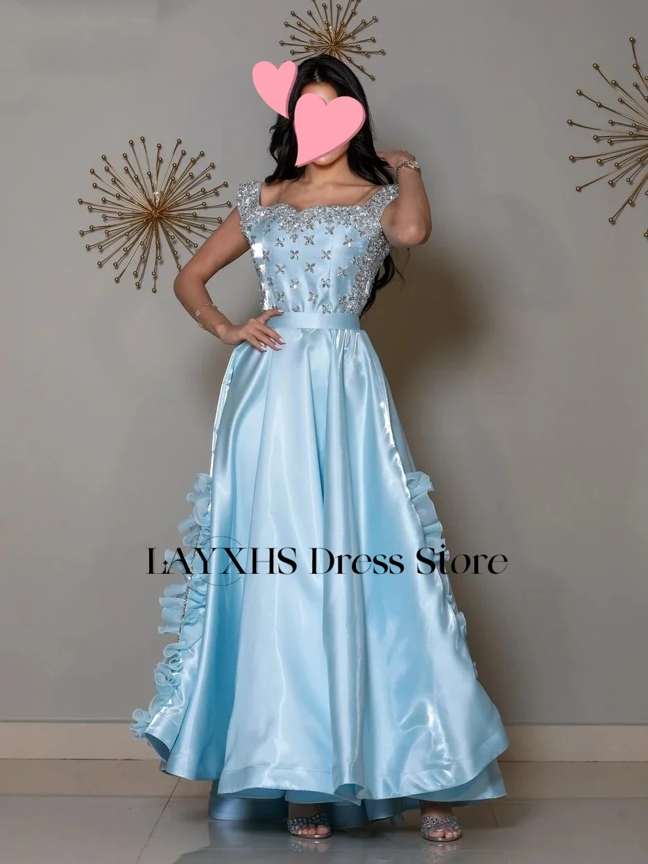 Suknie wieczorowe LAYXHS Luxury z kwadratowym dekoltem, linia A, błyszczące koraliki, odkryte plecy, falbany, suknie balowe na zamówienie فساتين سهرة