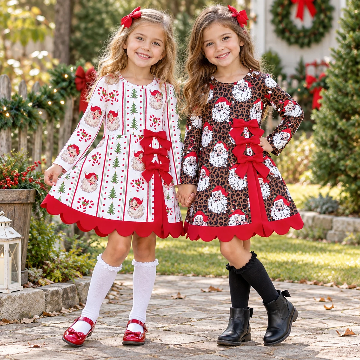 Boutique Baby Girls Cute Dress Santa Candy Cane Christmas Yoga Active Shorts Bows Scallop Dress Children Clothing Wholesale
