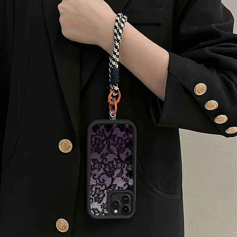 Black Purple Lace Hang Strap Phone Case For iPhone  16 17 Pro Max 16 15 14 Pro Plus 17E13 14 15 Shockproof Matte Silicone Funda view 2
