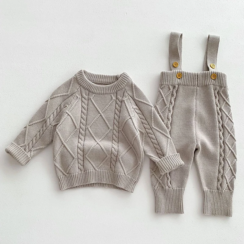 Infant Kids Baby Girls Boys Long Sleeve Solid Color Knit Sweaters + Braces Pants Clothing Sets Autumn Baby Sweater Clothes Suit