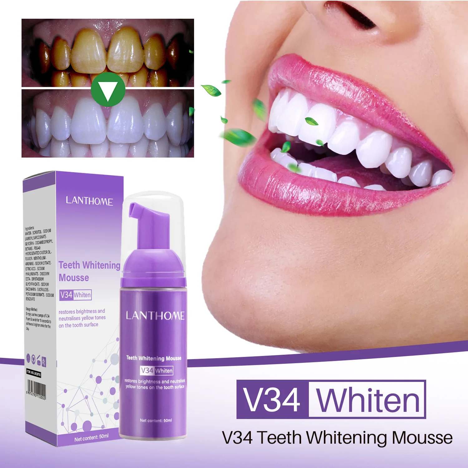 V34 Teeth Whitening Mousse Toothpaste Remove Stains Dental Plaque Deep Cleaning Improve Yellow Teeth Fresh Breath Products Care