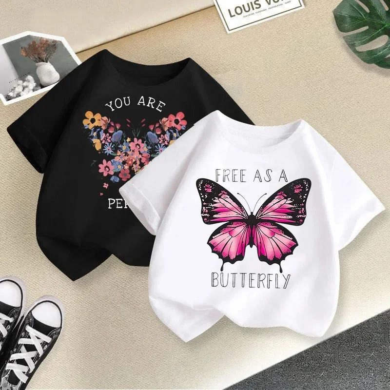 2025 Kawaii Cat Flowers Printed Tshirt Girls Short Sleeve T-Shirt Summer New Children'S Top Fashion Short Sleeves Kids Clothes