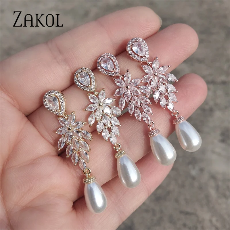 ZAKOL Luxury Pearl Bridal Dangle Earrings for Women Fashion Zircon Leaf Wedding Party Jewelry