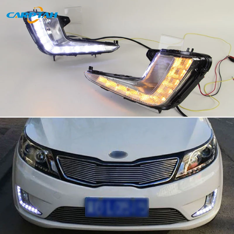 Carro LED Daylights para Kia Rio K2 2011 2012 2013 2014, sinal de giro amarelo, faróis diurnos, lâmpada de nevoeiro de condução automática, DRL, 12V