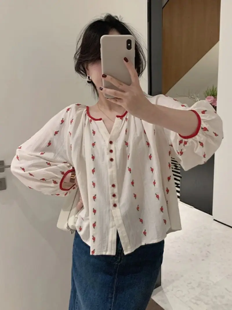 New Long-Sleeved Loose Slimming Look Shirt Printed Cute and Sweet Design Pastoral Style Versatile Shirt