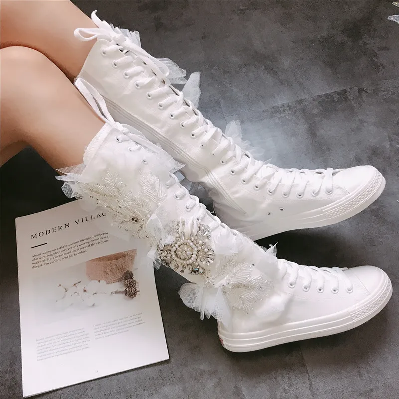 White Canvas High Tops Lace Up Women\'s Sneakers Cool Motorcycle Ladies Knee High Boots Luxury Rhinestone Casual Vulcanized Shoes