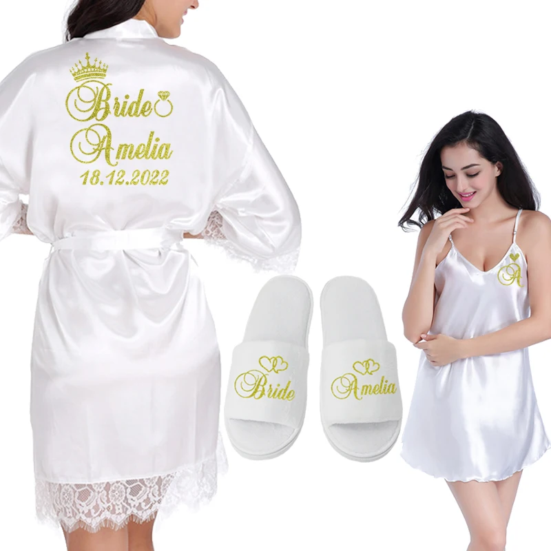 Kimono de encaje con fecha personalizada para mujer, bata de dama de honor, novia, despedida de soltera, ropa de preparación de boda