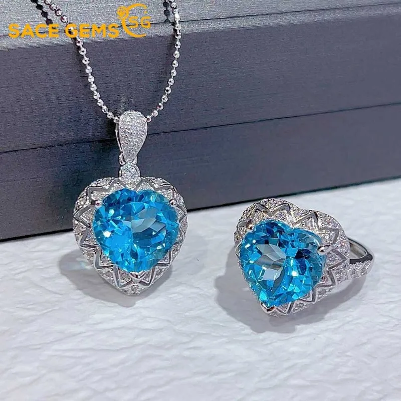 

SACE GEMS Luxury 100% 925 Sterling Silver 12MM Natural Sky Blue Topaz Rings Pendant Wedding Engagement Fine Jewelry Set Gift