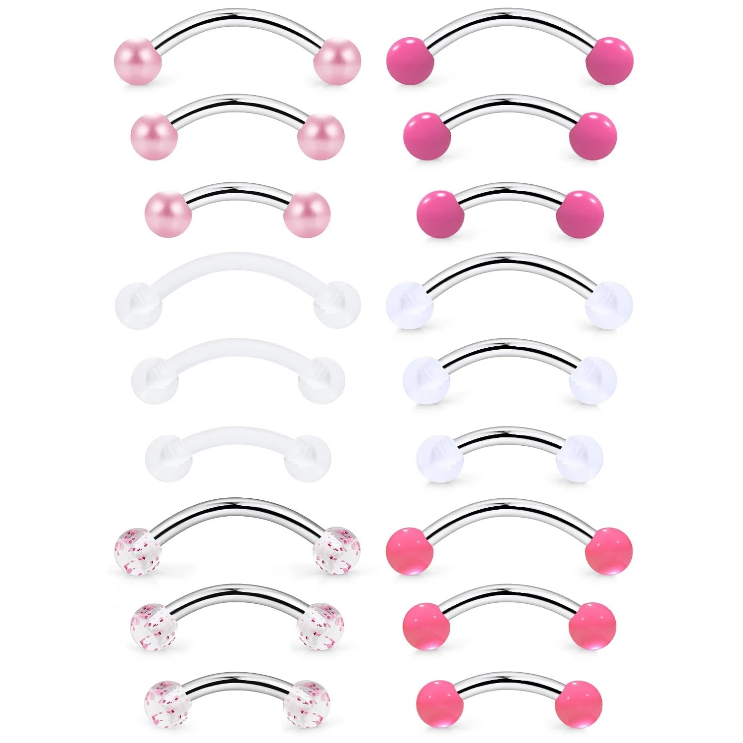 16g 6/8/10mm Clear Pink Eyebrow/Labret/Tragus Daith Belly-Button Bridge Curved Barbell Piercing Jewelry for Women Men 18Pcs