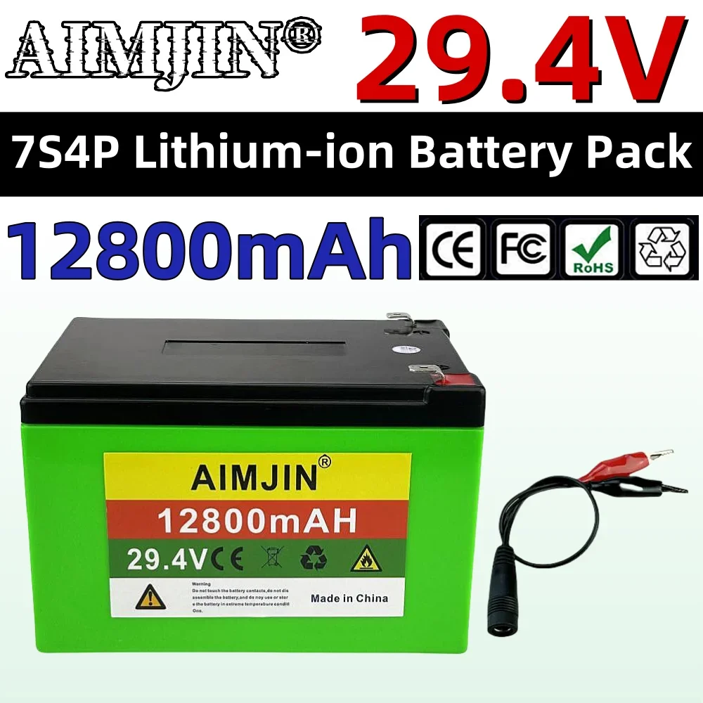 

29.4V 7S4P 12800mAh high-power 24V18650 high-capacity lithium battery, suitable for electric bicycles with BMS and charging clip