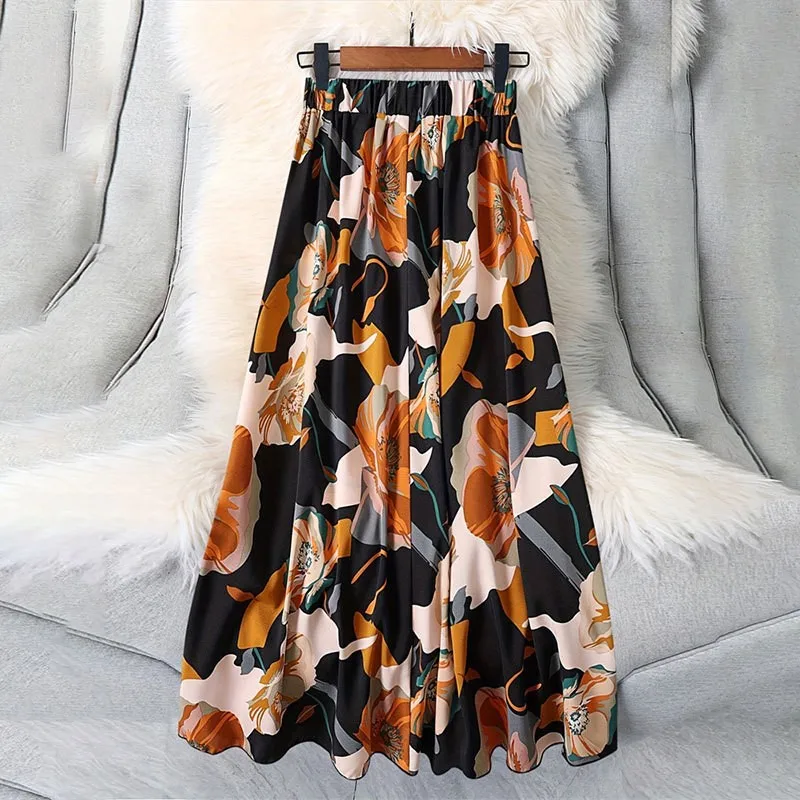 Black Long Skirt Women's Versatile Flower Print Autumn Elastic Waist Contrasting Color A-line Large Swing Skirt 2024 New Product