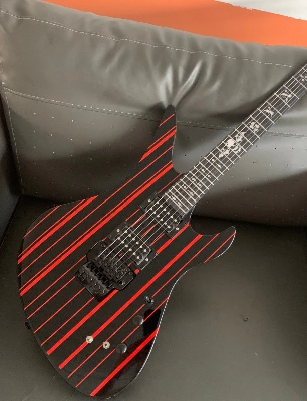 2026 Ledux Red Striped Solid Body Guitar Rounded fret Edge Heavy Metal Rock Guitar