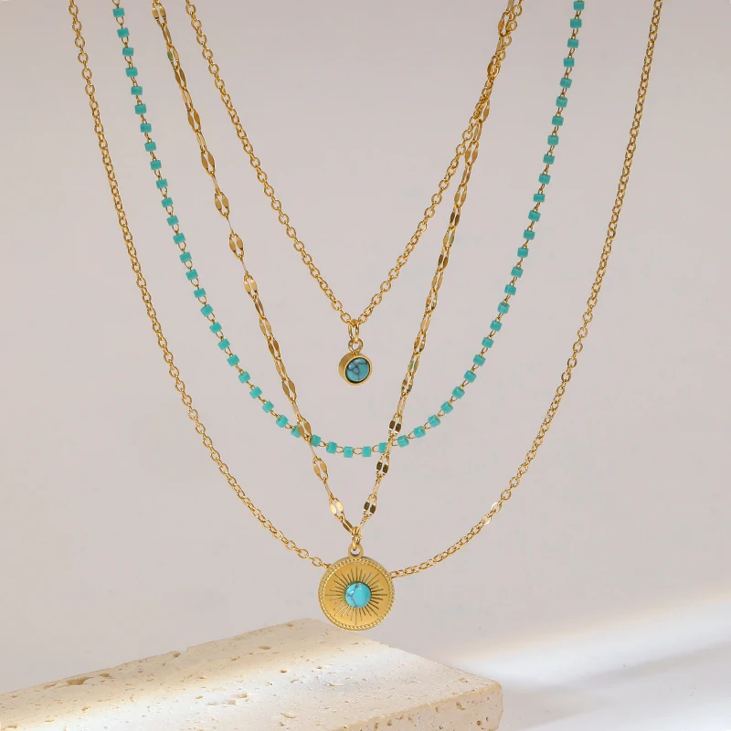 EILIECK 316L Stainless Steel Gold Color 4-Layer Chains Blue Stone Eyes Necklaces For Women Vintage Ladies Neck Jewelry Gifts