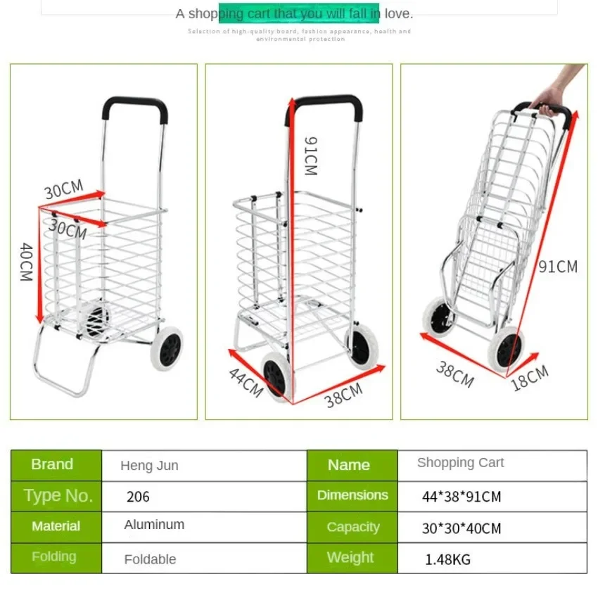 Collapsible Portable Shopping Cart, 2-Wheel Supermarket Push Cart with Large Capacity, Aluminum Alloy Grocery Cart for Shopping