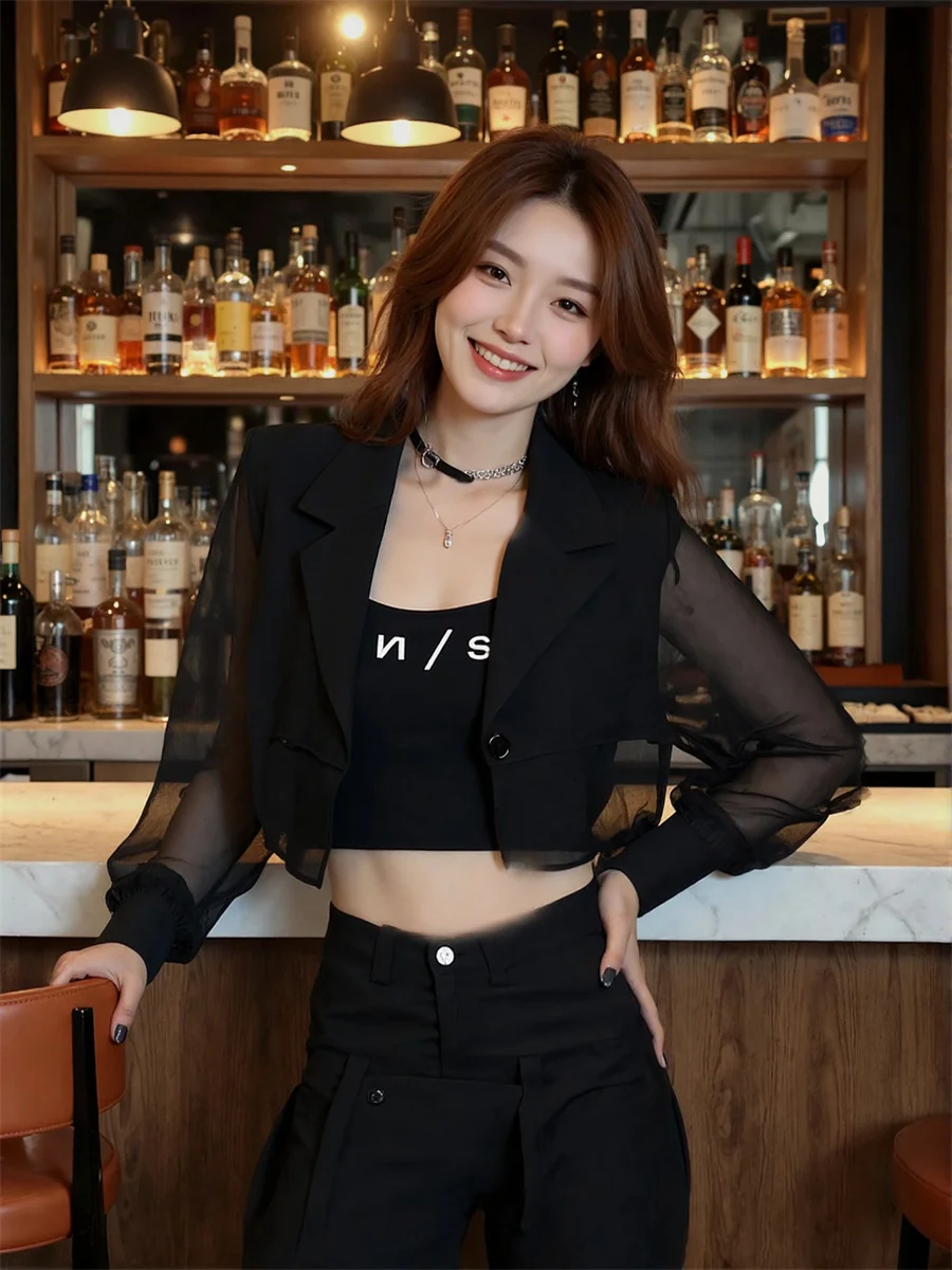 

Sun-proof Cropped See-through Back-Slit Blazers Elegant Woman Clothes For Women Elastic Blends Seven-Quarter Middle Drilling New