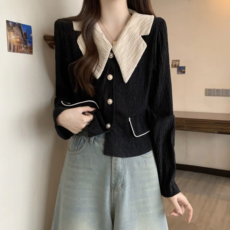 

Small Scented Shirt Long-sleeved Maillard Women's Button Lapel Elegant Top