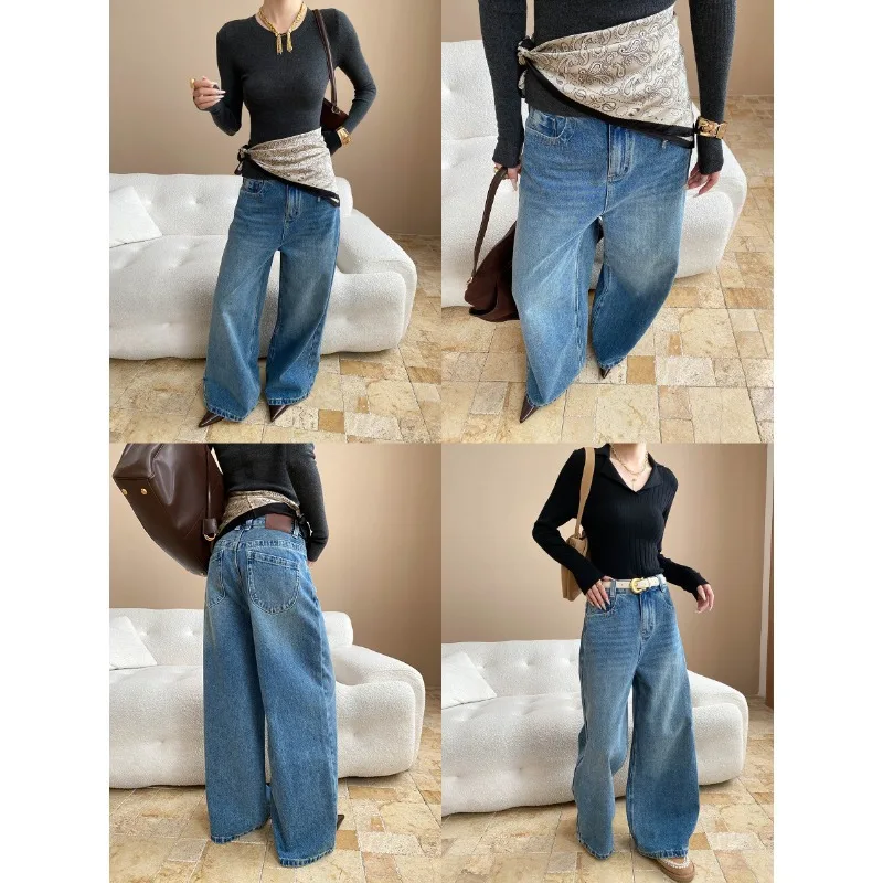 Women Solid Jeans Denim Wide Leg Pants Full Lenth High Waist Zipper Straight Loose Fit Y2k Streetwear Casual 2025 Spring Autumn